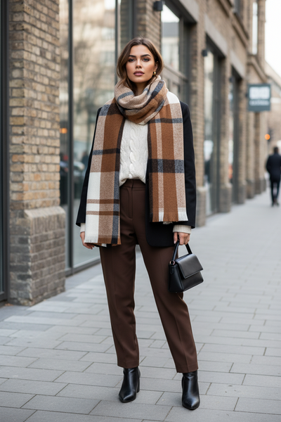 Checked Wool Scarf in browns and creams