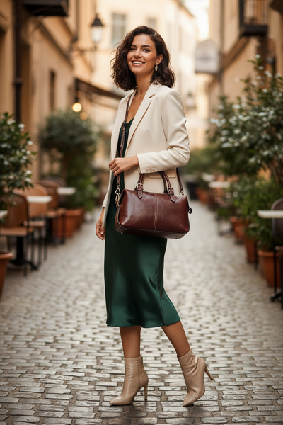 Genuine Leather Boston Satchel Handbag by Suie Valentini