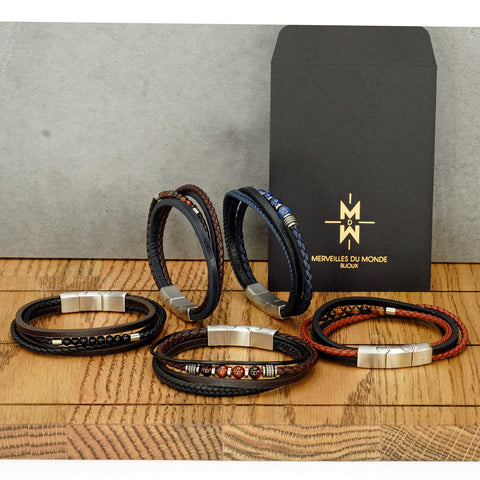 Men's bracelet Multi Strand Leather and Beaded Bracelet