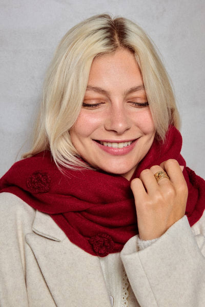 Wool scarf with embroidered flowers in Winter White, Tan & Black