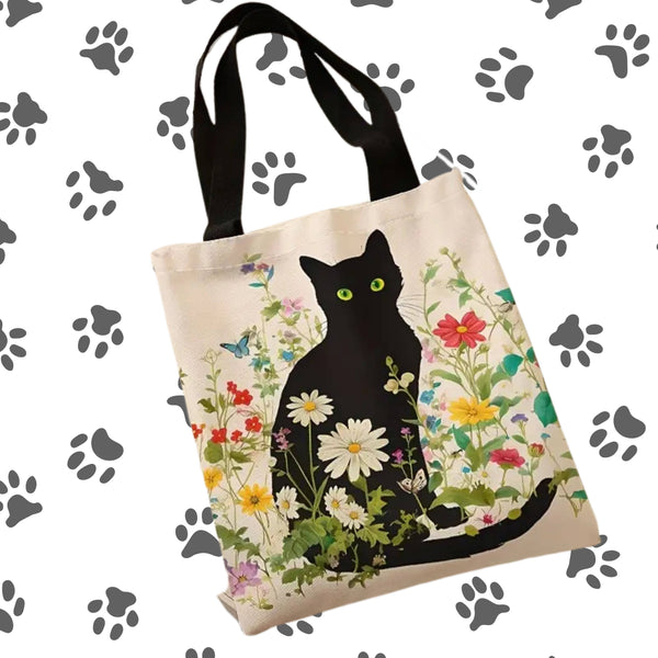 Black Cat & Floral Books Tote Bag – Reusable & Stylish