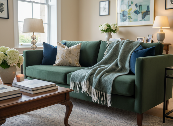 Herringbone Throw with Tassles Green 125 X150cm