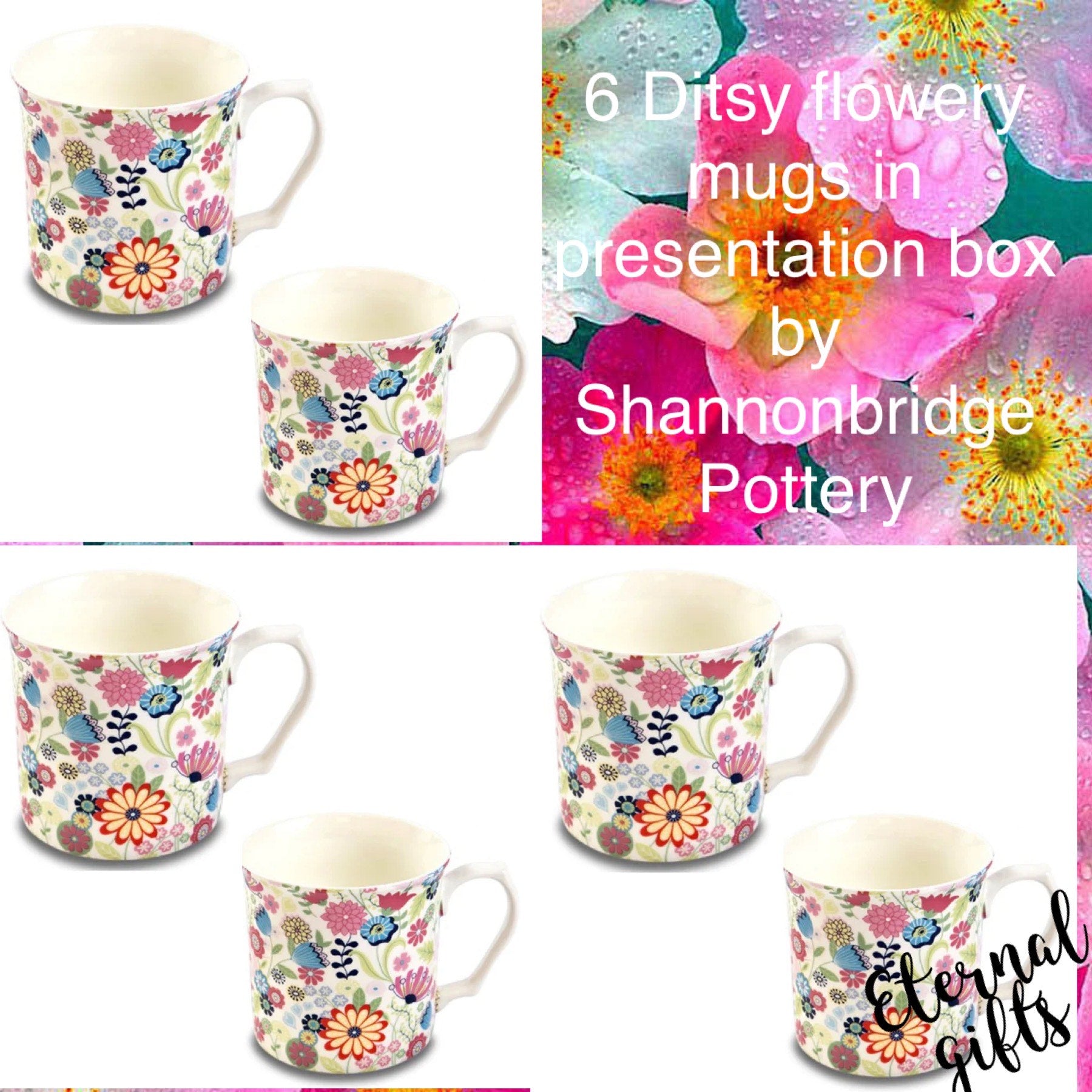 6 Ditsy Flowery Tankard Mugs in Presentation Box by  Shannonbridge Pottery