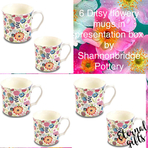 6 Ditsy Flowery Tankard Mugs in Presentation Box by  Shannonbridge Pottery