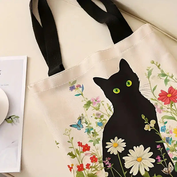 Black Cat & Floral Books Tote Bag – Reusable & Stylish