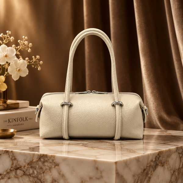 Leather Barrel Handbag with detachable Strap in cream by Suie Valentini