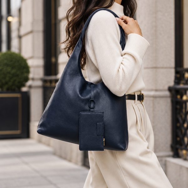 Genuine Leather Handbag (with purse inside ) in Navy by Suie Valentini