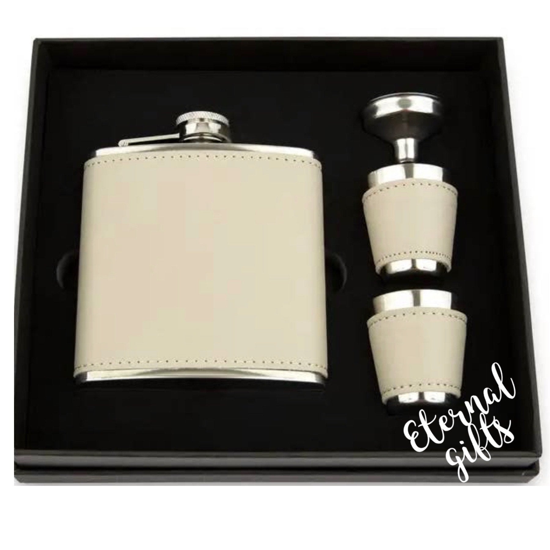 Faux Leather Wrapped Hip Flask Set in Grey /Silver