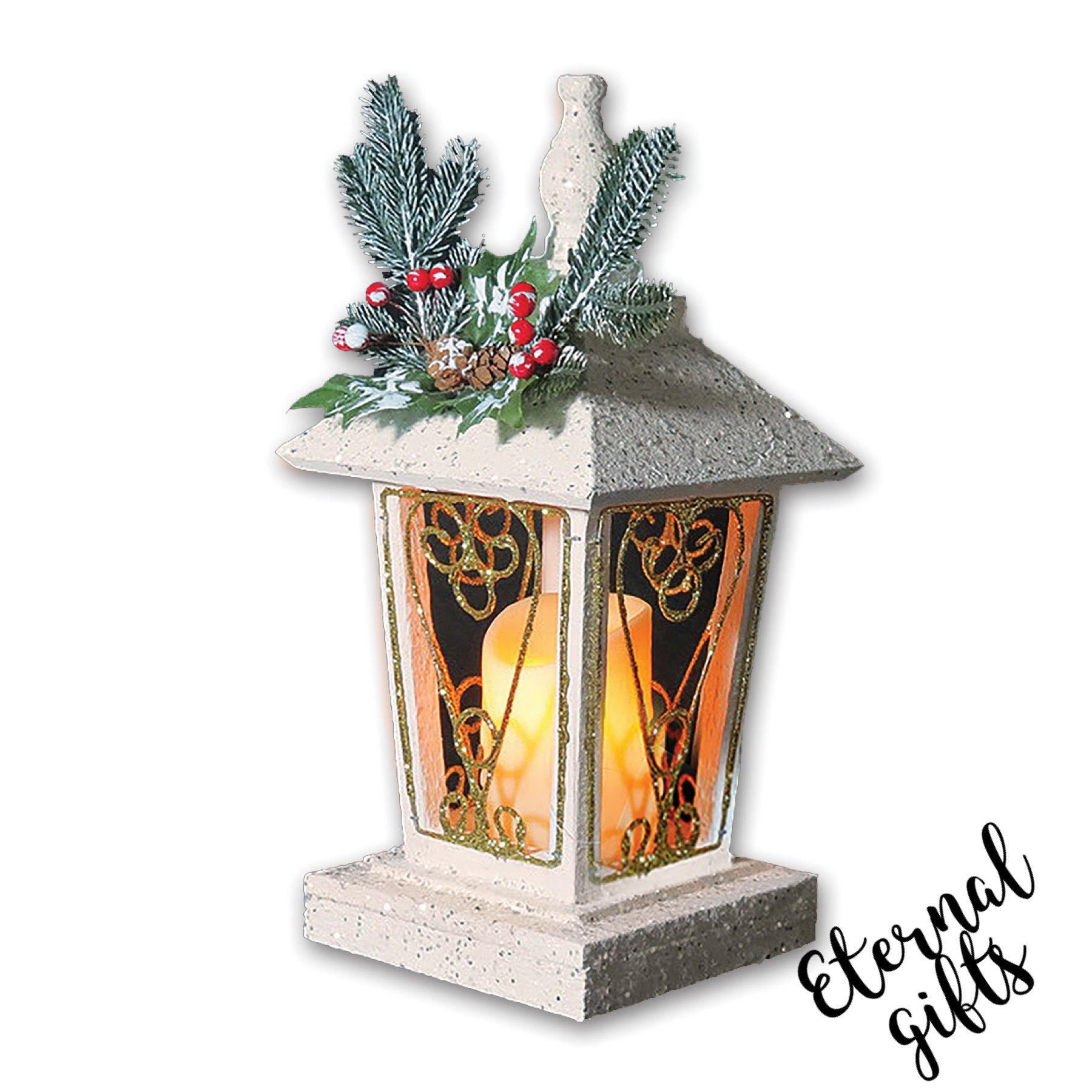 White Wooden Lantern with Flickering Candle decorated with Snow & Holly.