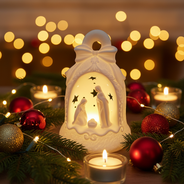 White Ceramic nativity Scene in Bell