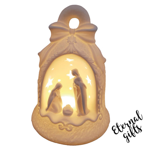 White Ceramic nativity Scene in Bell
