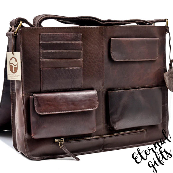LEATHER SATCHEL FOR 15" LAPTOP GENERAL PURPOSE Tinnakeenly Leathers in Brown
