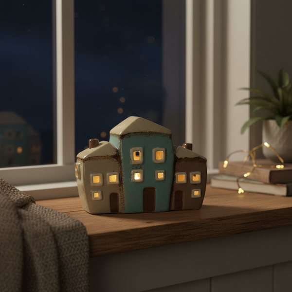 Ceramic T-Light House Holder in Turquoise /Beige