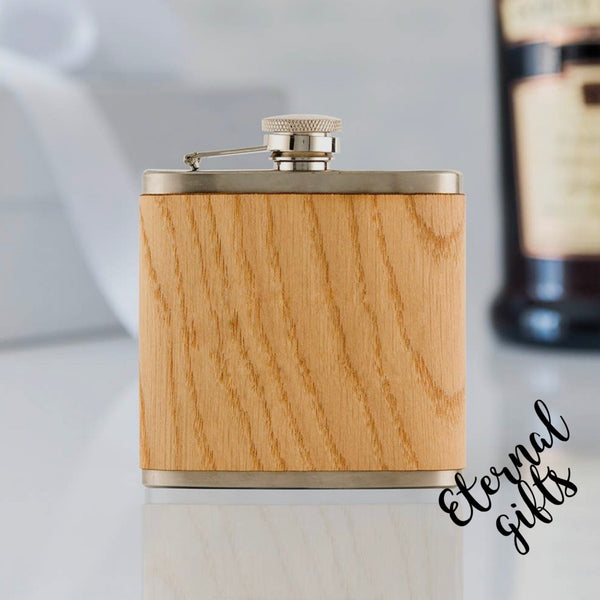 Oak wood Wrapped Stainless Steel Hip Flask