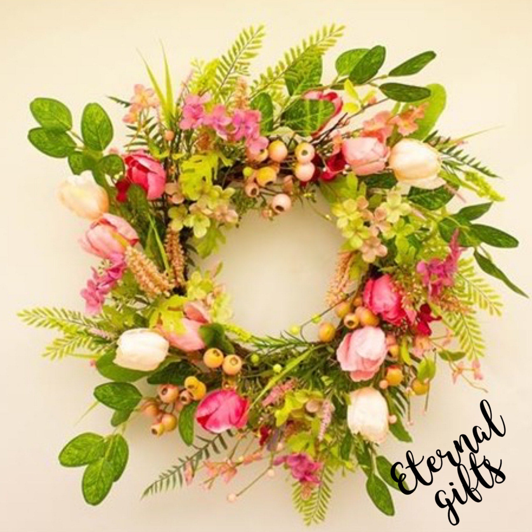 Cottage Garden Small Wreath 55cm (Pink or Green Berry)