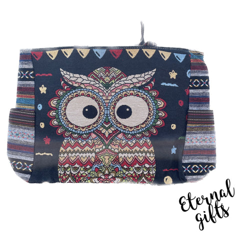 Woven Carpet Tote Bag with Navy Owl Design