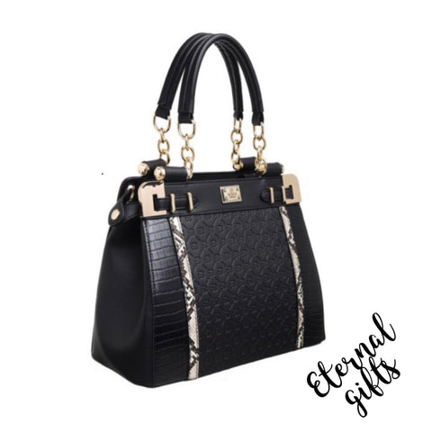 The Eve - Snake Print Ring Chain Handle Tote - Black
