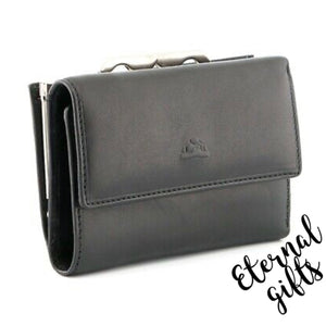 This flap over Italian Leather Purse by Tony Perotti has a large clip top coin pocket. Black