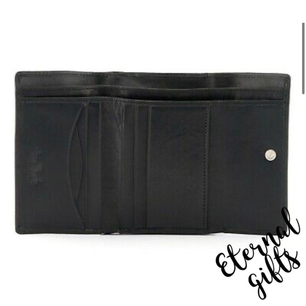 This flap over Italian Leather Purse by Tony Perotti has a large clip top coin pocket. Black