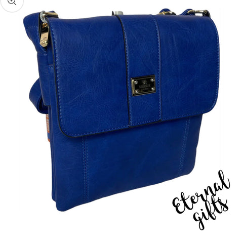 Cross Over Handbag with Flap and Zip Closing -In Blue