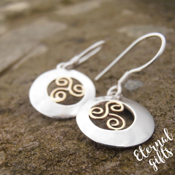 Spiral Offset Earrings, Sterling Silver Earrings with Brass Spiral Detail by Banshee Silver