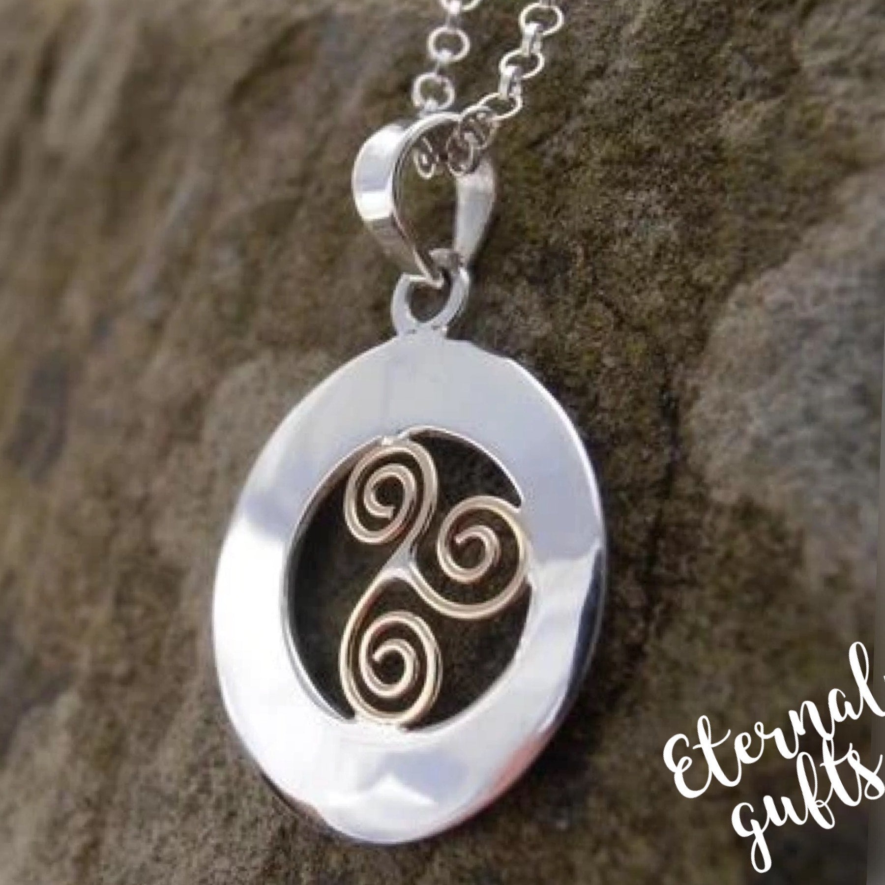 Spiral Offset Pendant, Sterling Silver Pendant with Brass Spiral Detail by Banshee Jewellery