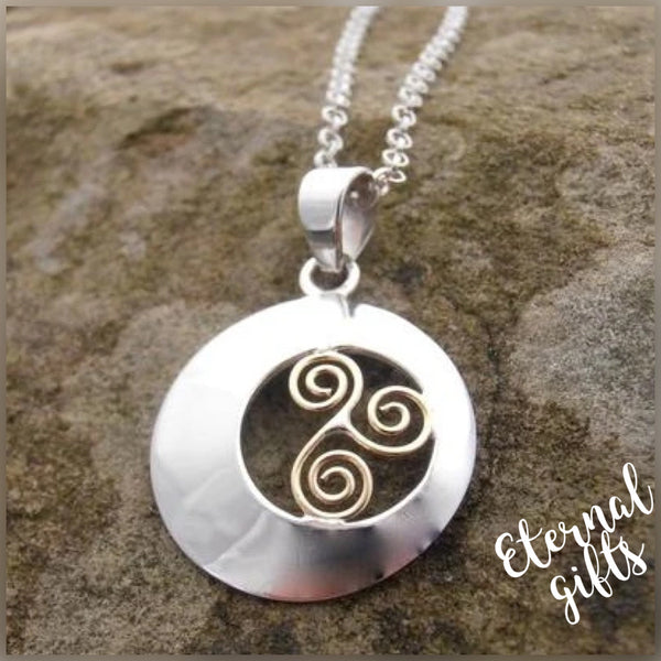 Spiral Offset Pendant, Sterling Silver Pendant with Brass Spiral Detail by Banshee Jewellery