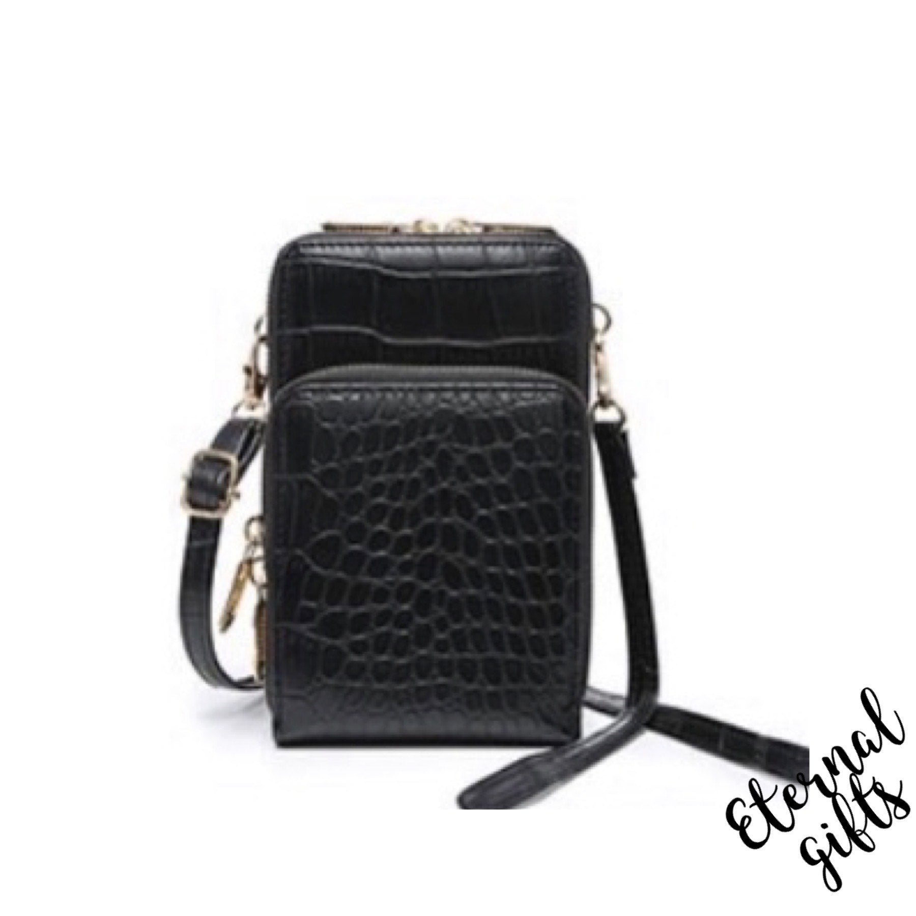 The Lenny Phone Pouch Crossover Croc Print in Black