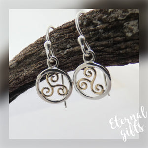 Spiral Triskellion Earrings, Sterling Silver Earrings with Brass Spiral Detail by Banshee Silver