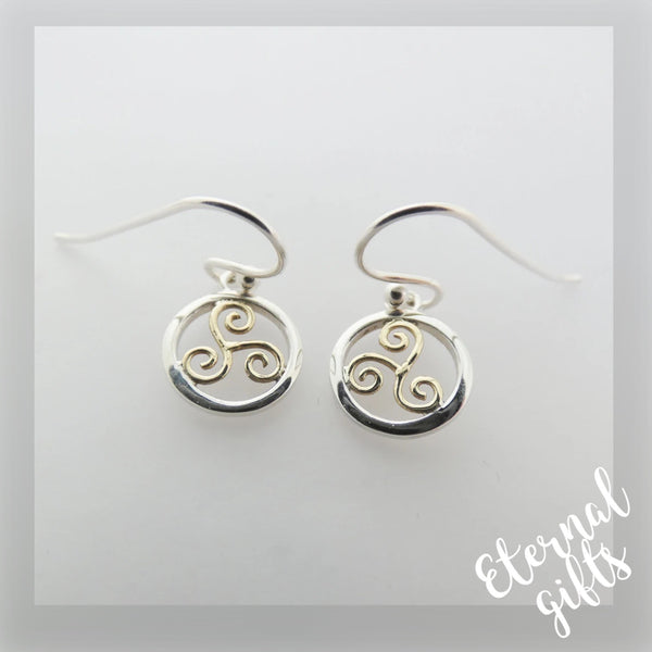 Spiral Triskellion Earrings, Sterling Silver Earrings with Brass Spiral Detail by Banshee Silver