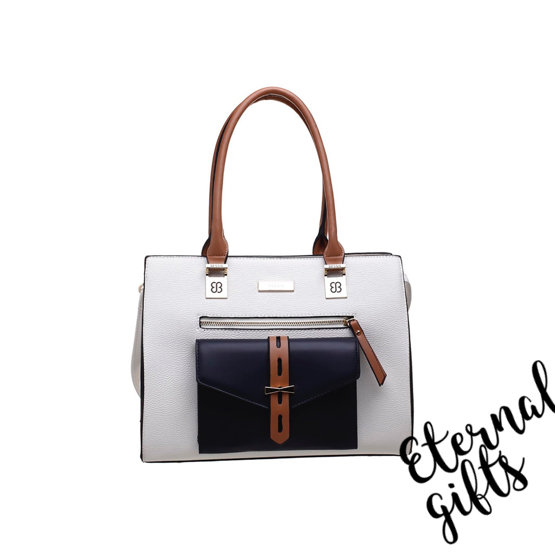 Classic Three tone Front Pocket Tote Bag In White