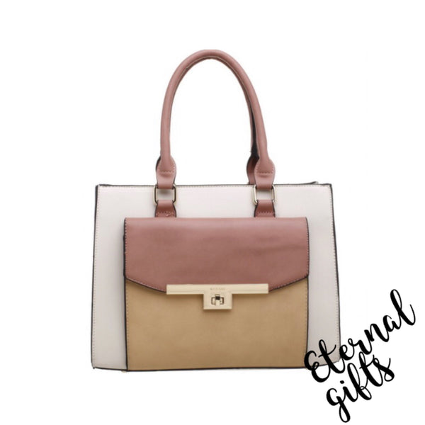 Flap Over Front Pocket Multi Colourway Bag In Cream/Pink/Mustard
